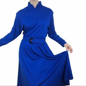 Vintage blue mock neck belted midi dress long sleeve cobalt blue electric size M